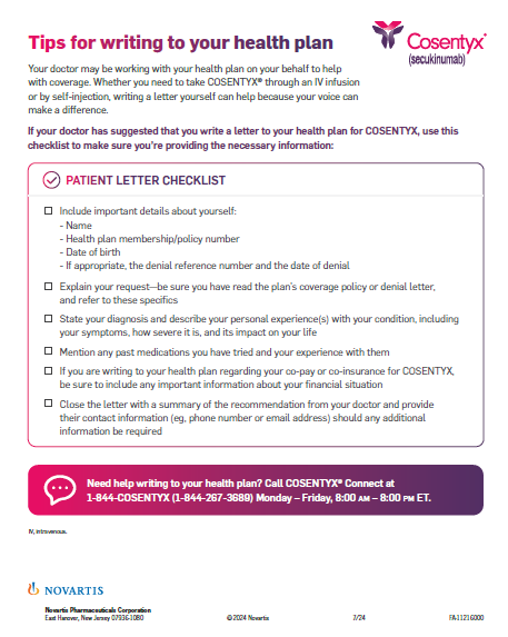 COSENTYX Patient Letter Checklist