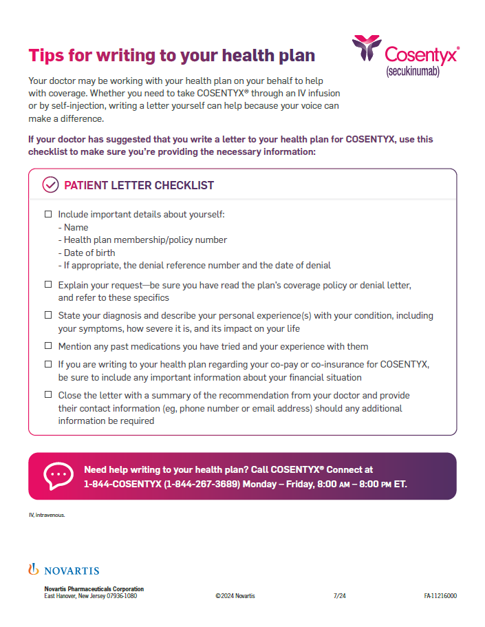 COSENTYX Patient Letter Checklist